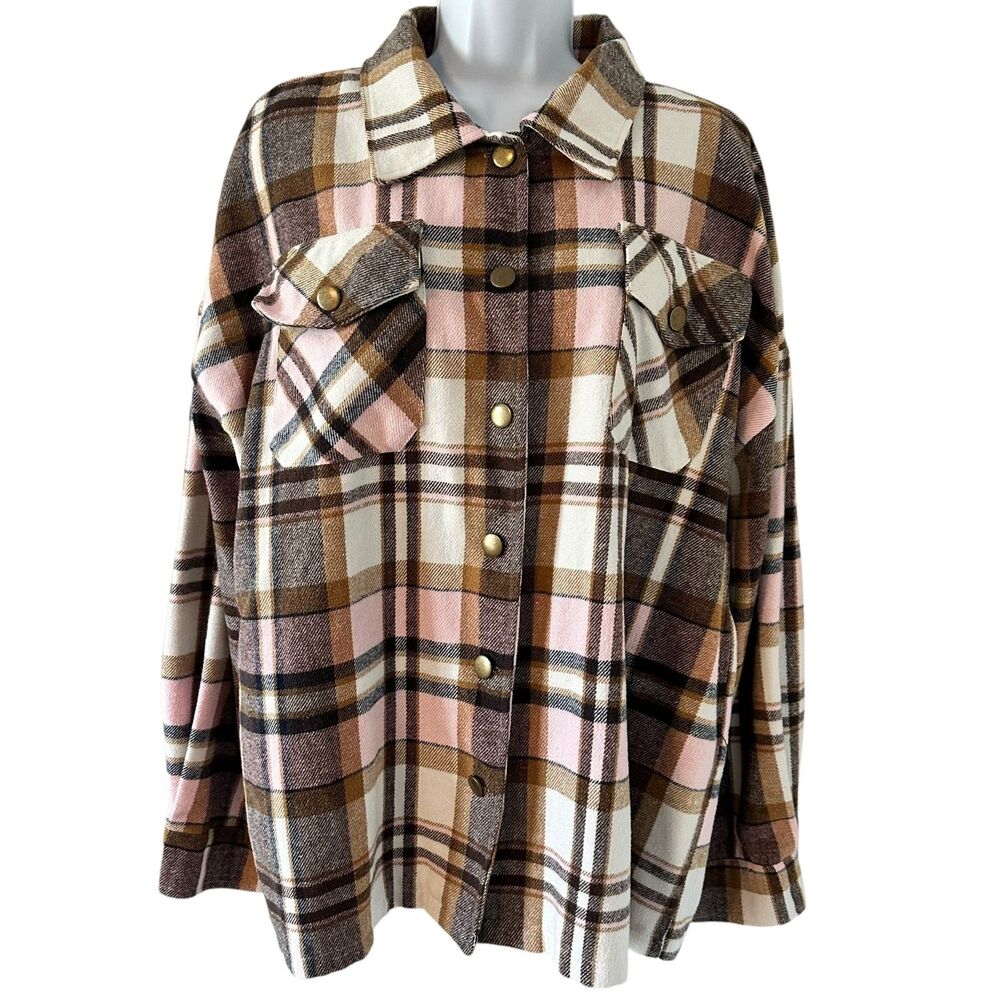 De Sepreso Plaid Brown Pink White Shacket Top Size XXL